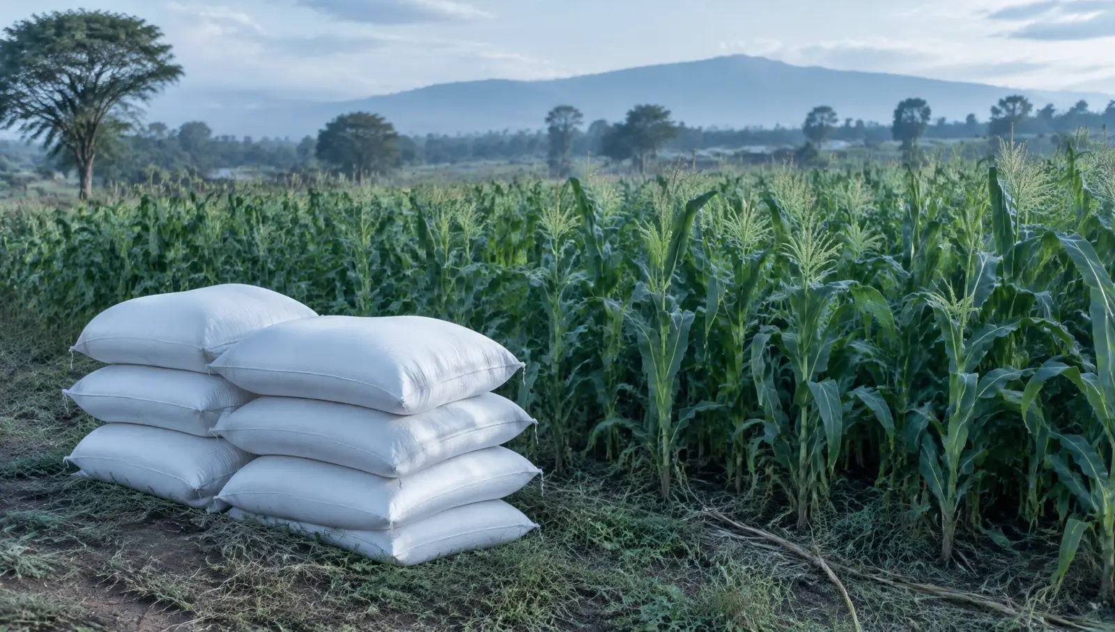 Sacks of seed stacked beside a green maize field
