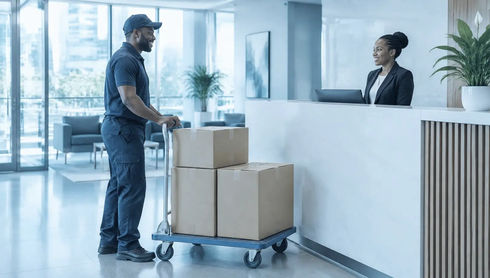 Boxes being delivered on a trolley to a modern office reception