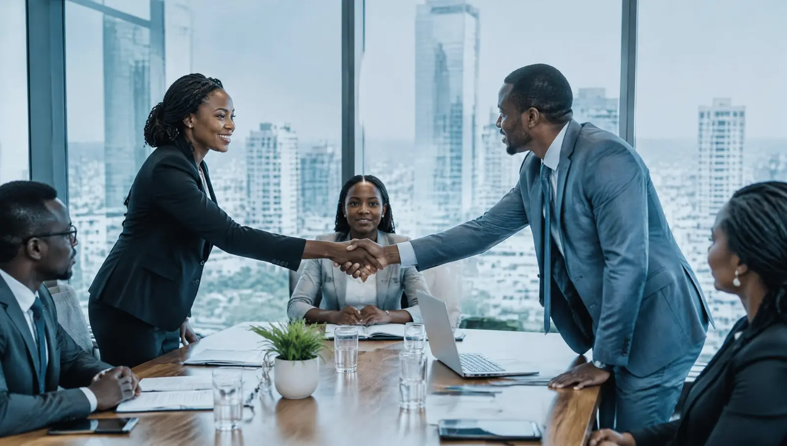 Professionals meeting around a boardroom table with documents