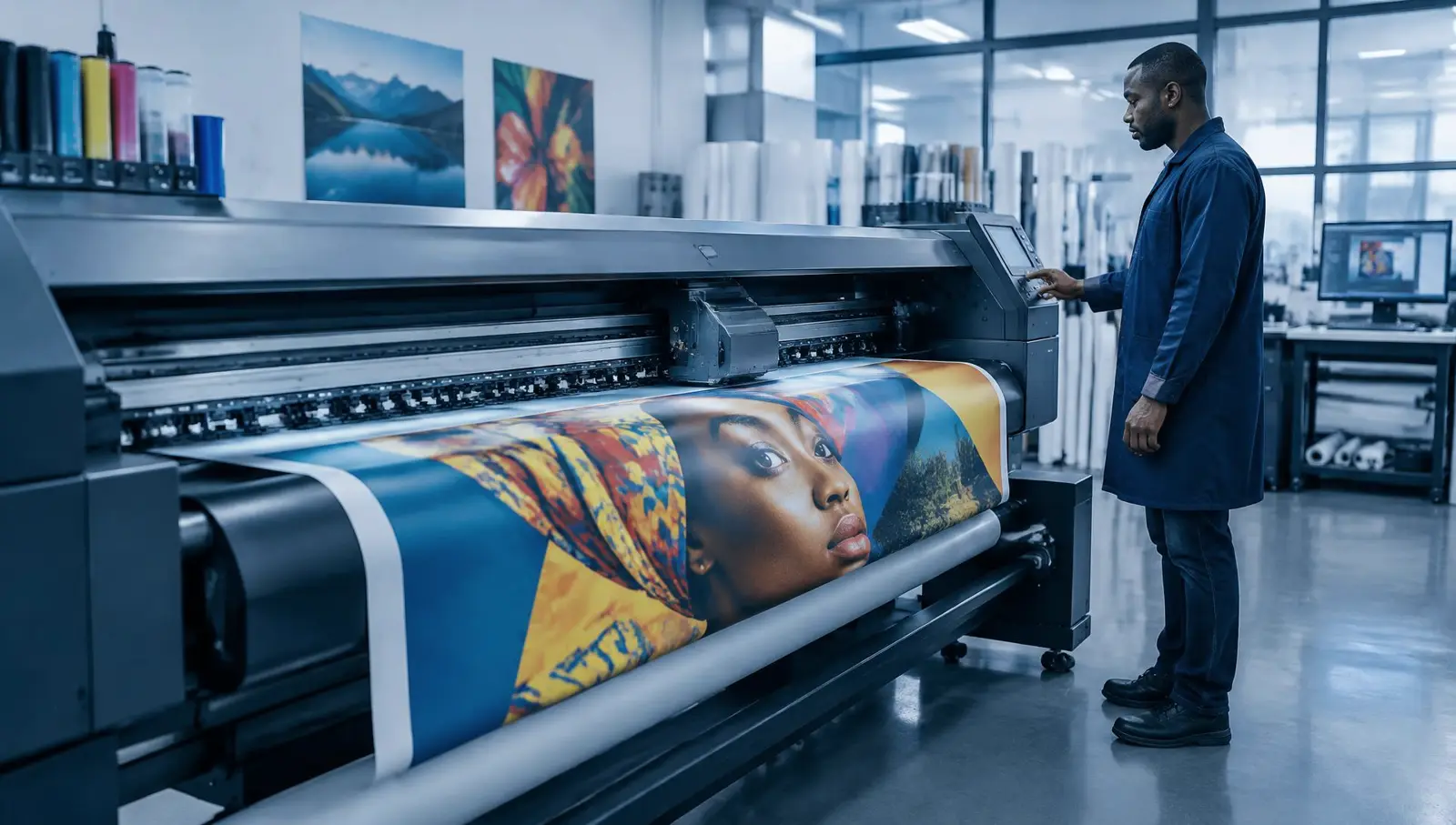 Technician operating a large-format printer producing a banner
