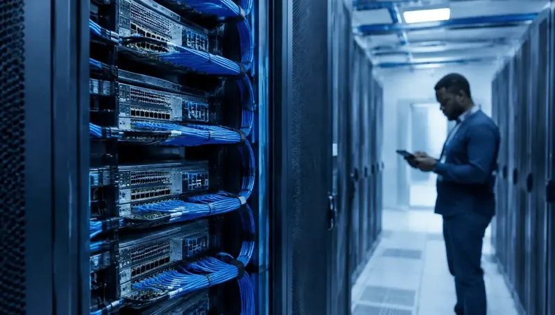 Technician checking a server rack