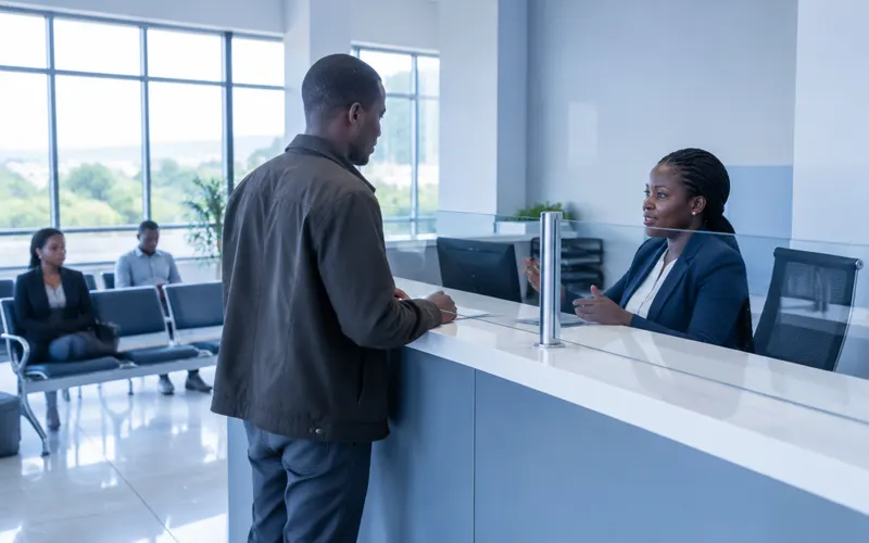 A government office reception where a staff member assists a visitor at the counter