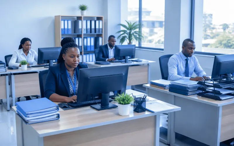Hospital administration staff working at computers in a bright office