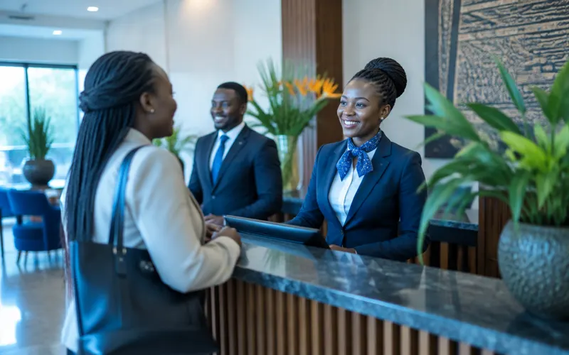 Hotel reception staff welcoming a guest at the front desk